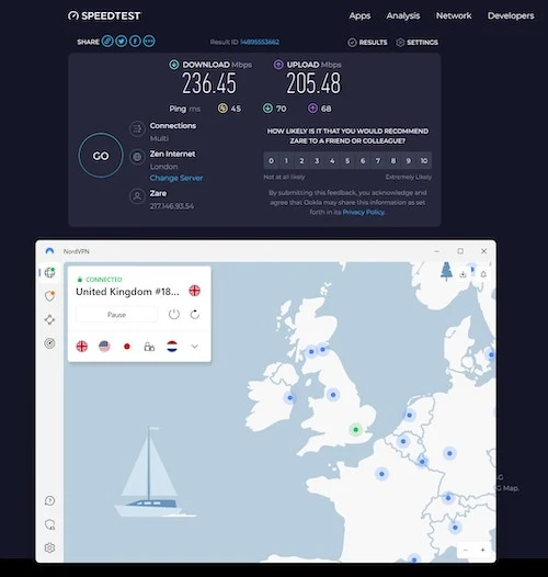 NordVPN speed test connected to UK