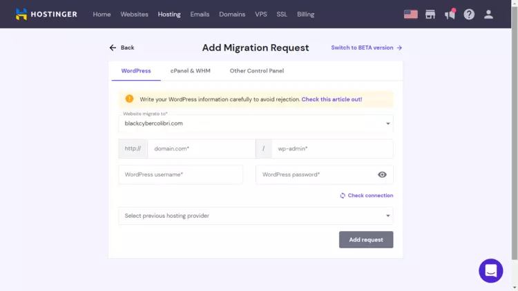 Website migration form in Hostinger 