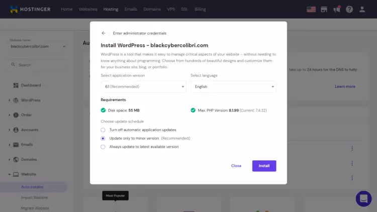 WordPress one click installation form in Hostinger