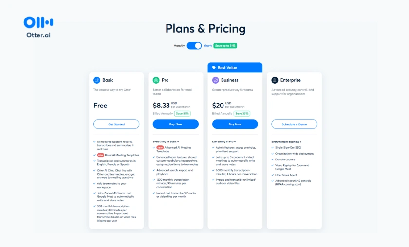 Pricing Plans What Do You Get Otter AI